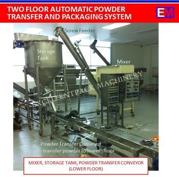 Two Floor Automatic Powder Transfer And Packaging System UPPER FLOOR MIXER, STORAGE TANK, POWDER TRANSFER CONVEYOR This design is for double storey limited space.