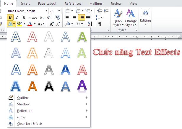 Như ng điê m mơ i trong Microsoft Word 2010 Với tính năng Text Effect bạn co thể sử dụng hoàn toàn các hiệu ứng đẹp mắt của WordArt trong Excel hay Powerpoint 2007 trong Word 2010.