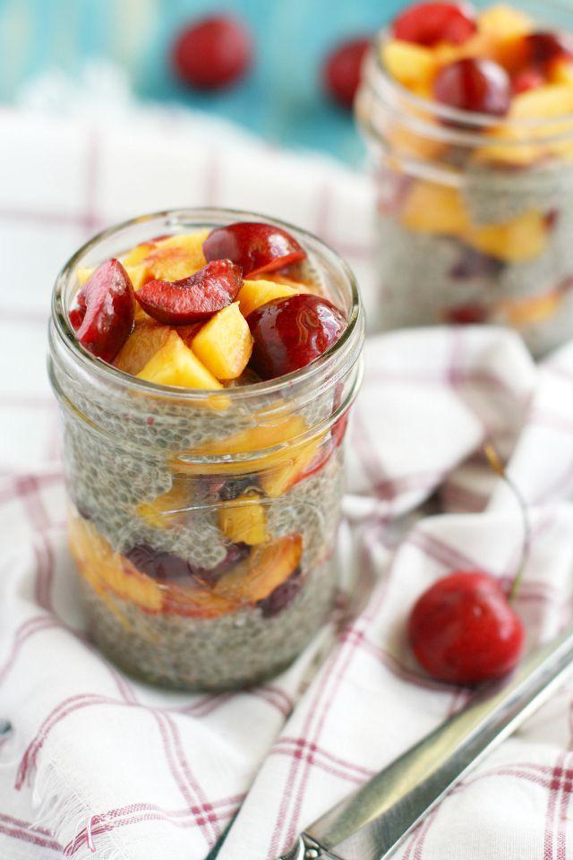 Cherry Peach Chia Seed Pudding 1 cup refrigerated coconut milk (I use SO Delicious) 5½ Tablespoons chia seeds 3 Tablespoons maple syrup 1½ teaspoons vanilla extract 2 peaches, diced ¾ cup cherries,