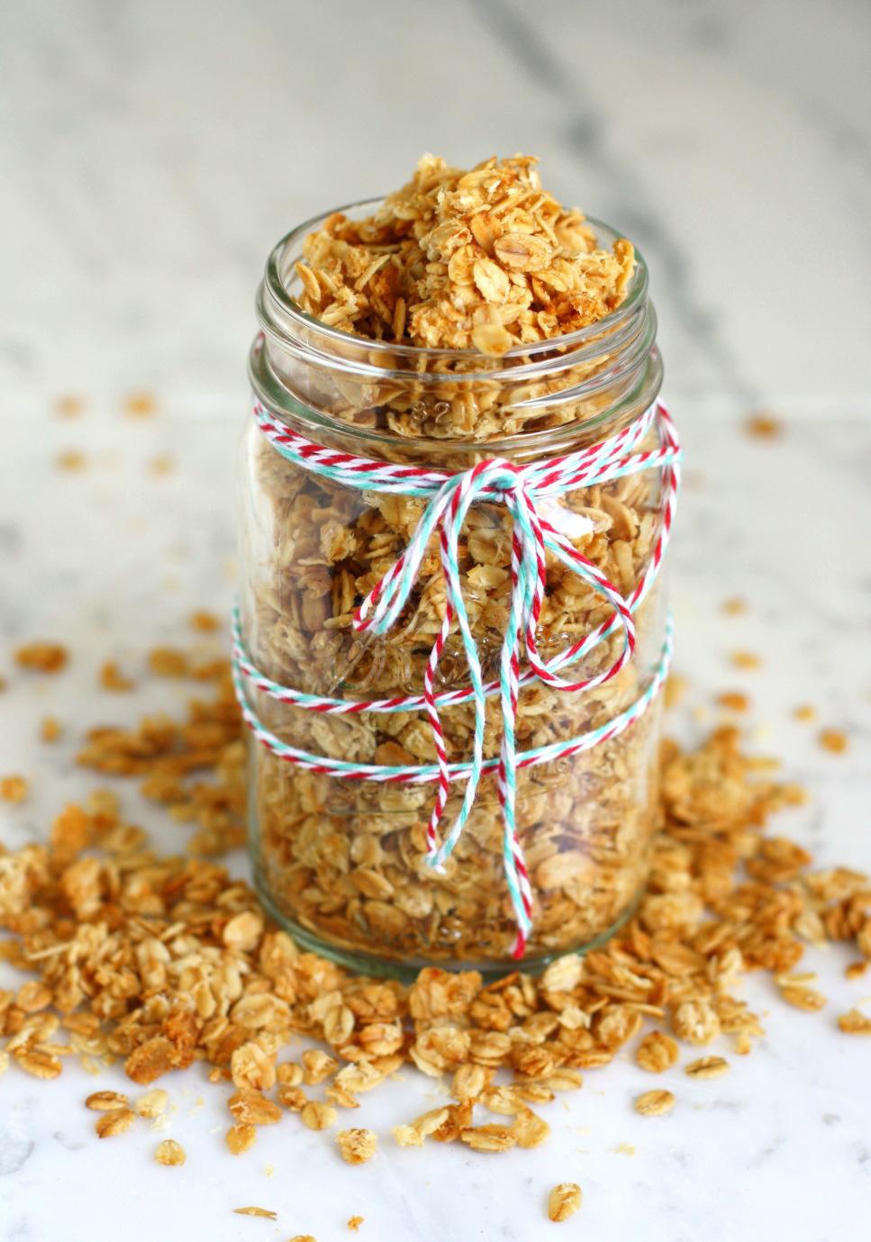 Buttery Coconut Granola 3 cups gluten free whole oats ¾ cup unsweetened coconut flakes ½ teaspoon sea salt ⅓ cup vegan buttery spread ⅓ cup honey or maple syrup 1 teaspoon vanilla extract 1.