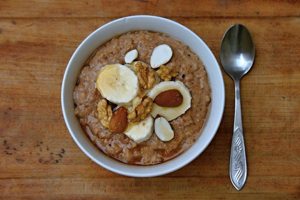 Breakfast Chocolate Almond Butter Banana Oatmeal 1 Serving! 1/2 cup old-fashioned oats! 1 cup almond milk! 1 scoop protein powder! 1 Tbsp Almond Butter!