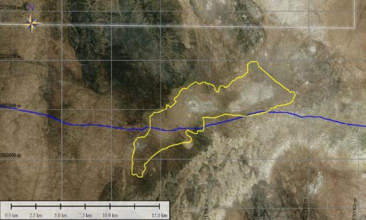 Figure 3: Satellite Image of the Sabkha (yellow outline) GPS track of the CPR site visit in blue Aura's Sabkha soda ash and lithium prospect has the following attributes; Prospect is located in the
