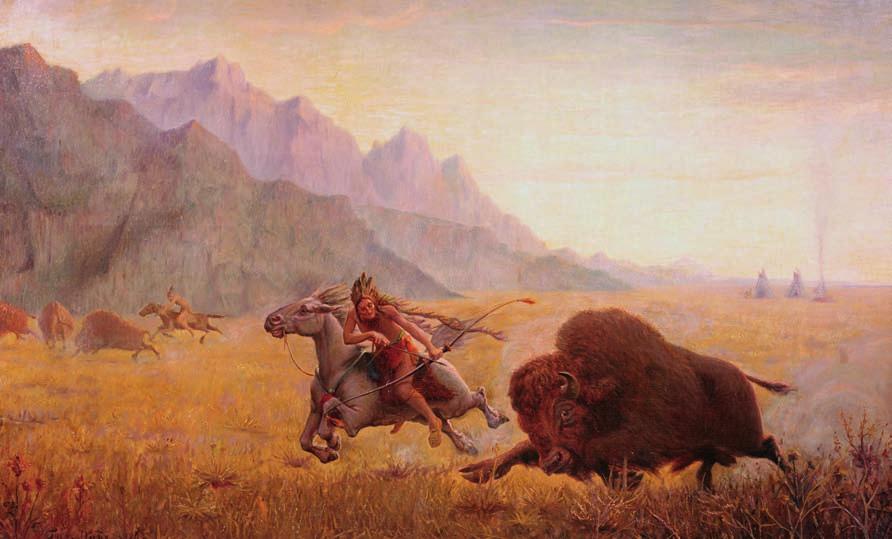 The Buffalo Hunter by Seth Eastman (1808-1875). Horses were introduced into North America by Spanish explorers in the 16th century, but American Indians soon became expert bareback riders of horses.