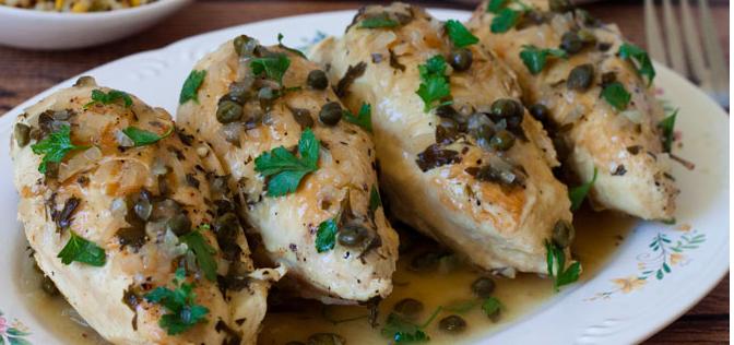 CHICKEN BRAISED CHICKEN WITH CAPERS AND PARSLEY 2 tablespoons olive oil, divided 1 large onion, minced 4 bone-in, skin-less chicken breasts 1/2 cup minced flat-leaf parsley, plus more for garnish 1/3
