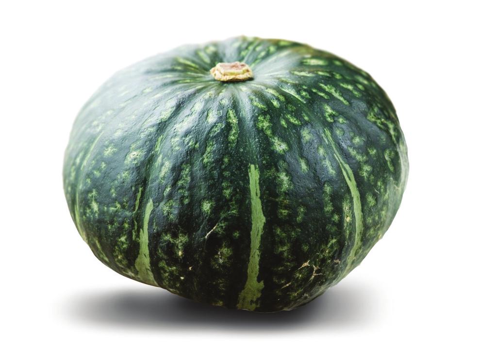 BUTTERCUP Squat, green with lighter green striations and orange flesh Closely resembles Kabocha except has distinctive bottom with a circular ridge or slight bump Flesh