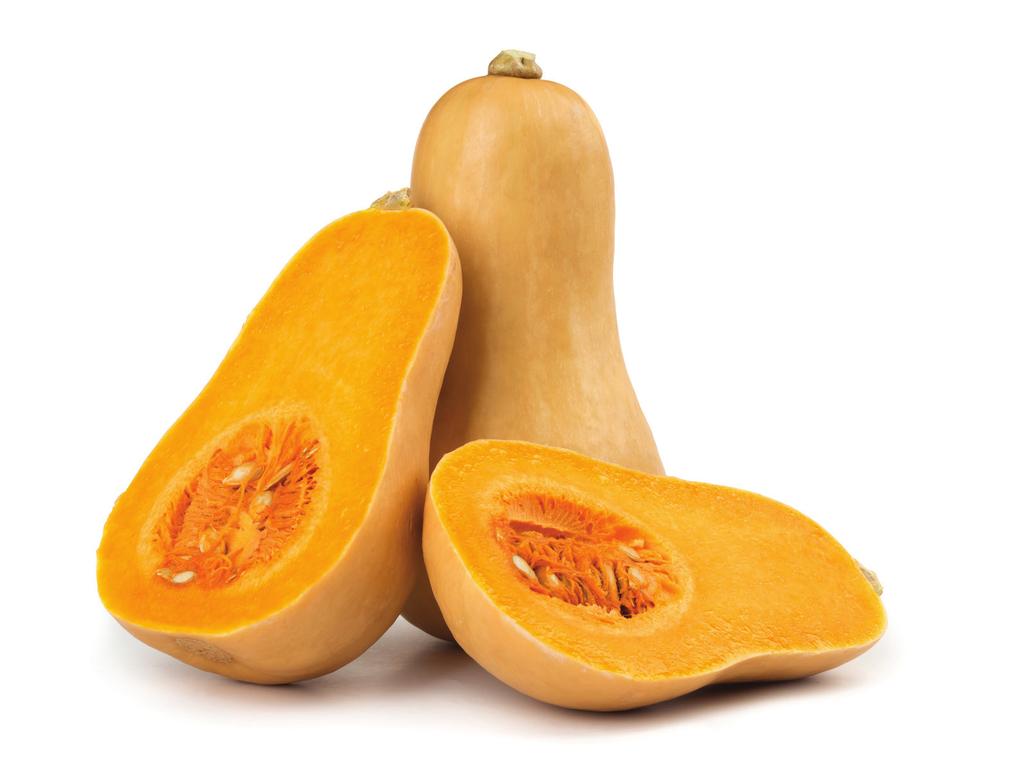 Butternut Distinctive bell shape with light tan skin, slim neck, bulbous bottom and small seed cavity Rich golden-orange flesh is creamy when cooked with mild, sweet flavor Thick skin means can store