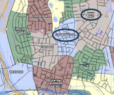 Figure 1. Map of Crownbrook and Newpac in relation to the CBD. Source: City of Waterbury GIS. residents. 7 The negative health outcomes of a poor diet are also disproportionately distributed.