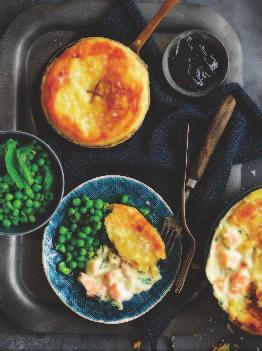 Creamy Australian Prawn Pot Pies with Minted Peas 20 large cooked Australian Prawns 40g butter 2 small leeks, white part only, thinly sliced 3 garlic cloves, crushed 2 tablespoons plain flour 2 ½