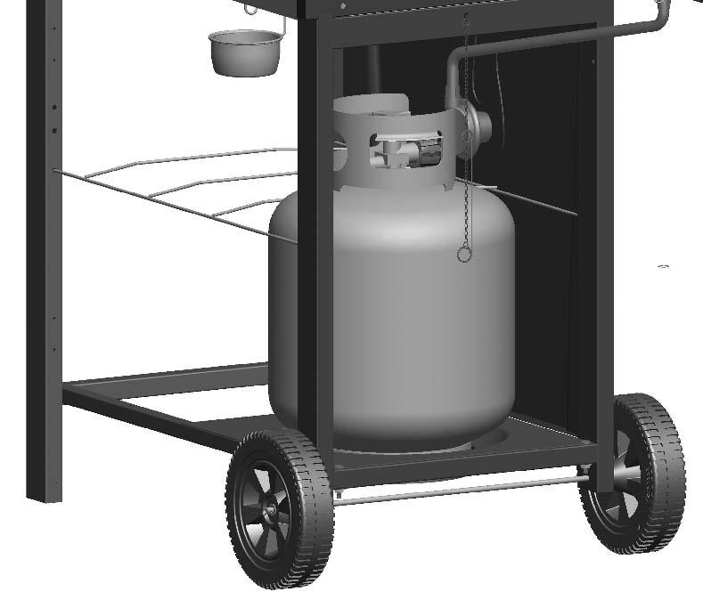 Place LP tank into hole in bottom shelf with tank collar opening facing to the front of cart as shown.