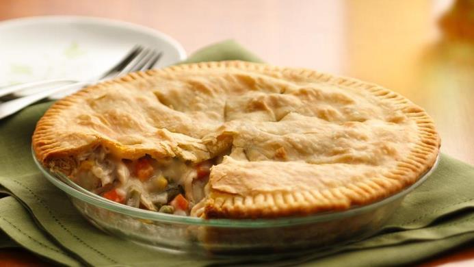 Chicken Pot Pie 1 pound skinless, boneless chicken breast halves - cubed 1 cup sliced carrots 1 cup frozen green peas 2 medium potatoes, small cubes 1/2 cup sliced celery 1/3 cup butter 1/3 cup