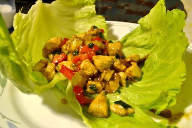 Lettuce Wraps 2 cups, 4 handfuls, fresh shiitake mushrooms 1 1/3 to 1 1/2 pounds chicken 2 tablespoons vegetable oil Coarse salt and coarse black pepper 3 cloves garlic, chopped 1 inch ginger root,