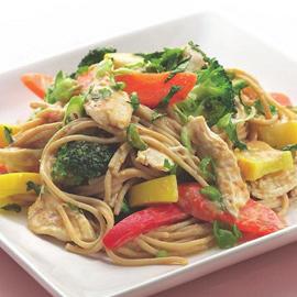 Peanut Noodles with Shredded Chicken & Vegetables Serves 6 1. 1 pound boneless, skinless chicken breasts 2. ½ cup smooth natural peanut butter 3. 2 tablespoons reduced-sodium soy sauce 4.