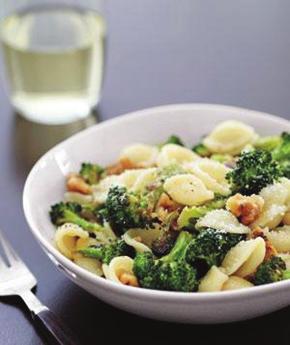 Orecchiette with Roasted Broccoli and Walnuts - Serves 4 1. 12 ounces orecchiette or some other short pasta (3 cups) 2. 1 bunch broccoli (1 ½ pounds), cut into small florets 3.