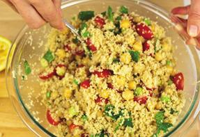 Couscous Salad with Chickpeas, Tomatoes and Mint Serves 4 1. 1 cup whole-wheat couscous 2. 1¼ cups very hot tap water 3. 4 scallions (white and light green parts), sliced 4.