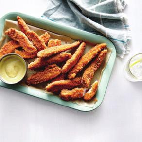 Homemade Chicken Fingers4 - Serves 4 1. ¼ cup plain 2% reduced-fat Greek yogurt 2. 2 tablespoons spicy brown mustard 3. 1 tablespoon honey 4. ½ cup all-purpose flour 5. 1 teaspoon paprika 6.