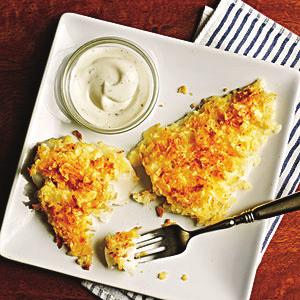 Chip-Crusted Fish Fillets Serves 4 1. 4 6-ounce cod fillets (or other firm white fish) 2. 2 teaspoons canola mayonnaise 3. ⅛ teaspoon salt 4.