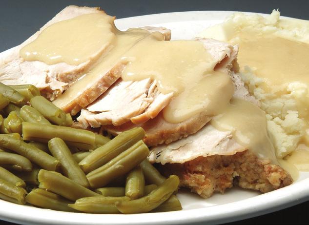 49 Slow roasted, hand carved turkey breast over stuffing topped with gravy and served with mashed potatoes and vegetable. Breaded Veal Cutlet 10.49 Veal cutlet lightly breaded and fried.