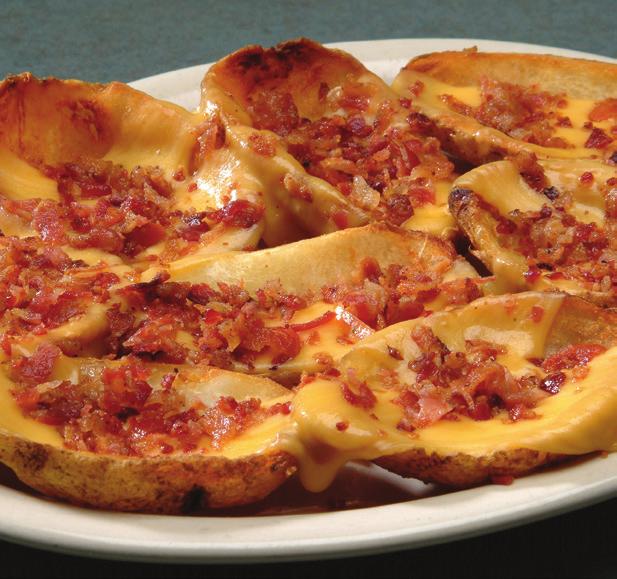 99 Smothered with Cheddar and Jack cheese and topped with bacon. BBQ Chicken Potato Skins 9.49 Topped with Cheddar and Jack cheese, chopped BBQ chicken breast and bacon.