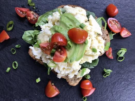 open-faced egg sandwich Yield: 1 servings (you ll make this 3 times) You will need: skillet, spatula, toaster, cutting board, knife 2 Eggs 1/3 cup Egg Whites 1/4 Avocado, sliced 1 handful fresh