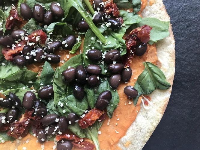 meatless option: sun-dried tomato black bean pizza **Follow the same instructions for the Chicken Pizza (above), substituting the shredded chicken with 1/4 cup of black