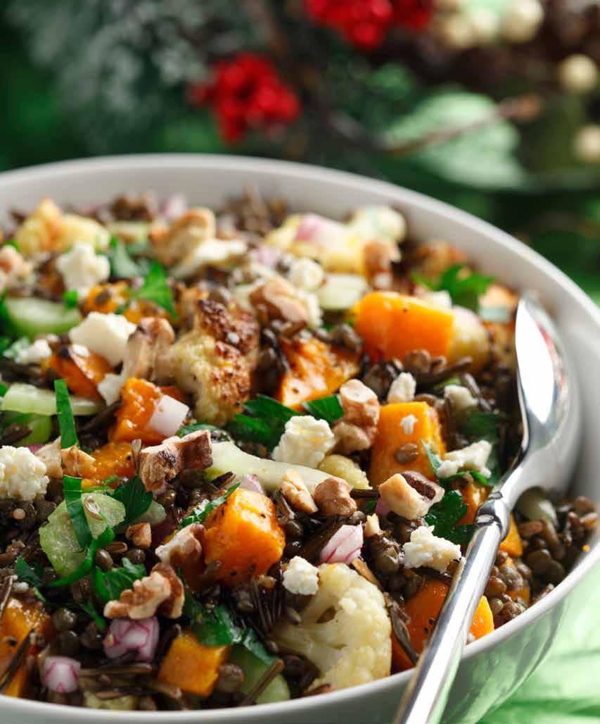 Warm Roasted Squash, Cauliflower, Rice, and Lentil Salad canola oil, for cooking 1 small butternut squash 2 cups (500 ml) cauliflower florets ½ tsp (2 ml) curry powder ½ cup (125 ml) brown and/or