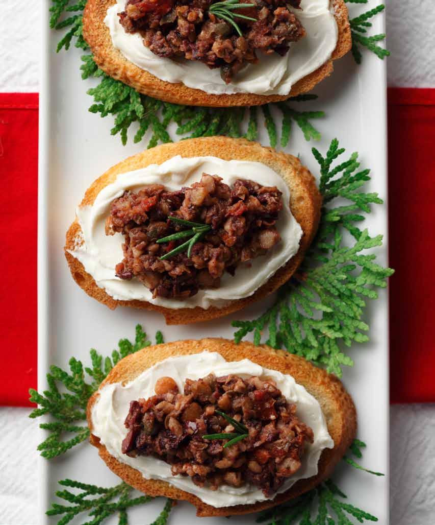 Sundried Tomato, Olive, and Lentil Goat Cheese Crostini Tapenade ½ cup (125 ml) cooked or canned lentils, drained ½ cup (125 ml) pitted Kalamata olives ½ cup (125 ml) walnuts, toasted ¼ cup (60 ml)