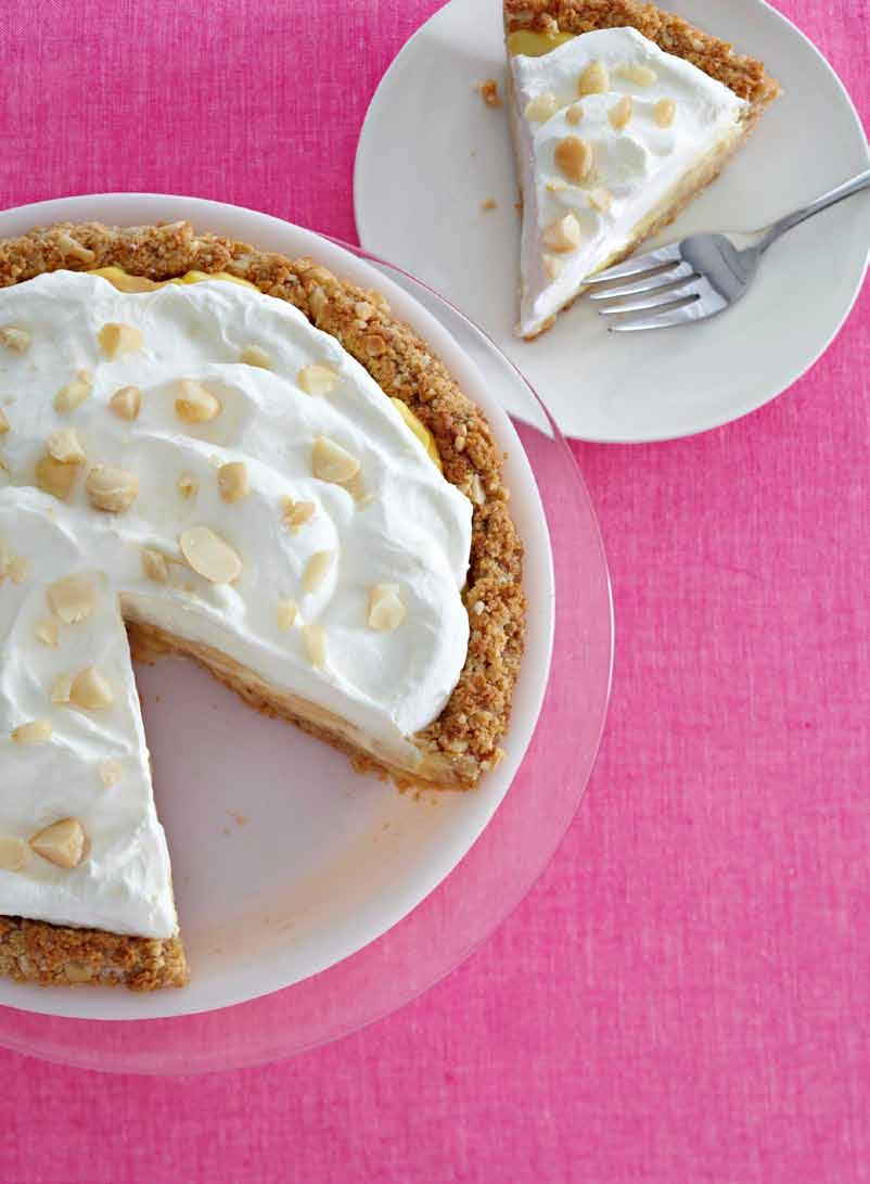 banana cream pie Makes 8 servings Prep 10 minutes Bake at 350 for 15 minutes microwave 15 seconds refrigerate 3 hours Crust 20 coconut macaroon cookies (such as Manischewitz) ¼ cup macadamia nuts 2