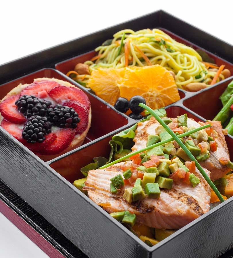 Includes Chef Select Starch Side, Vegetable Side and Delicious Sweet Bite seafood bentos FILET OF SALMON Avocado, Diced Tomato SWEET CHILI-LIME SALMON FILET Corn, Black Bean and Bell Pepper Salad,