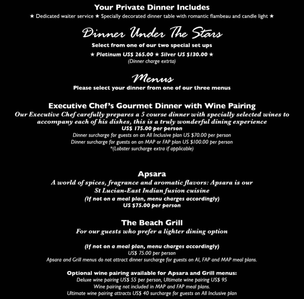00 (Dinner charge extrta) Menus Please select your dinner from one of our three menus Executive Chef s Gourmet Dinner with Wine Pairing Our Executive Chef carefully prepares a 5 course dinner with