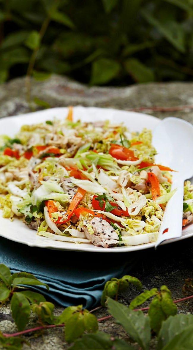 SHREDDED CHICKEN AND NAPA CABBAGE SALAD 4 SERVINGS ½ - 1 cup chicken : use leftovers from a rotisserie or roast chicken, or some sliced, grilled chicken breast 1 head Napa cabbage, washed well and