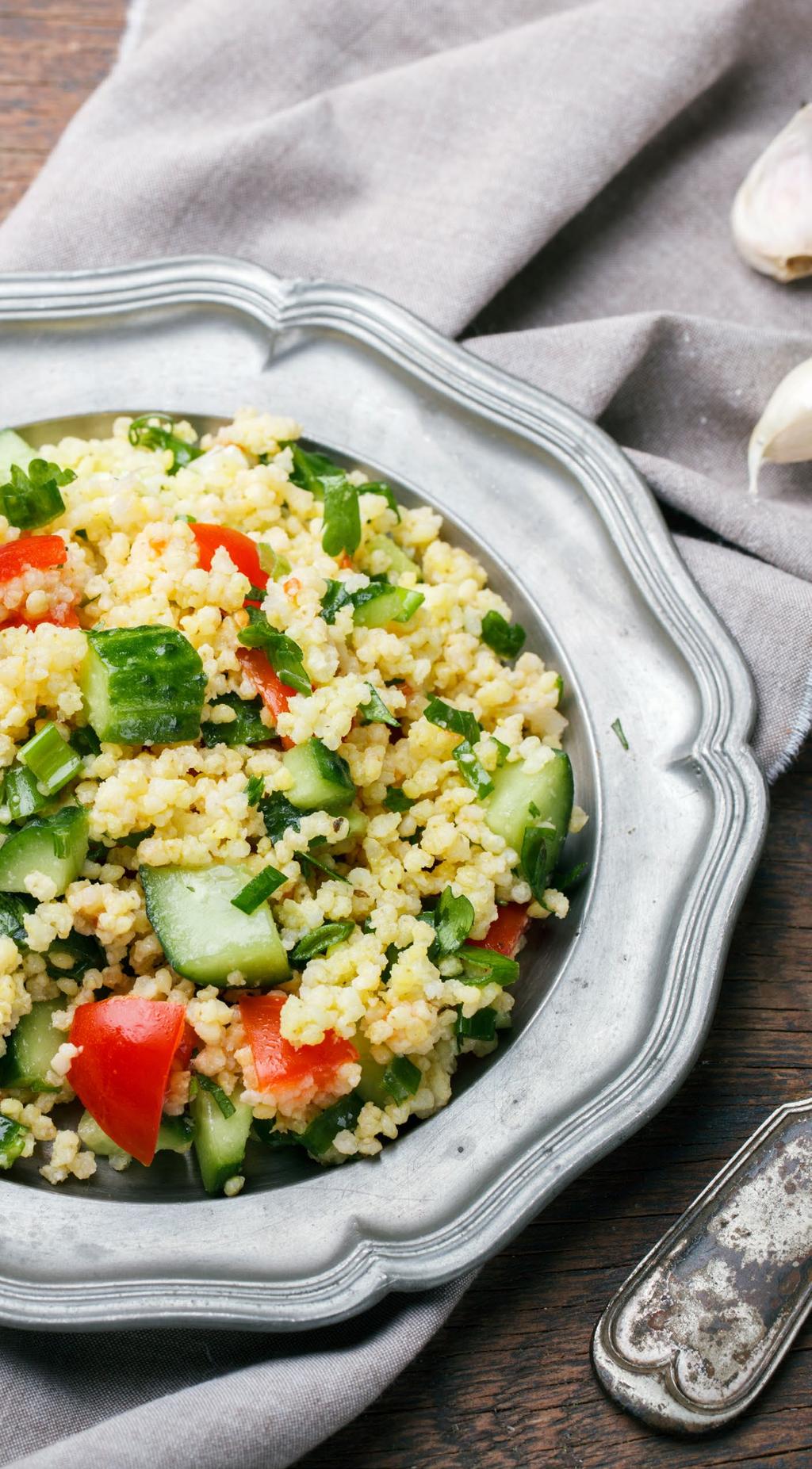 QUINOA TABOULI 4-6 SERVINGS 1 cup uncooked quinoa, rinsed and drained ½ cup chopped scallions 1 cup chopped parsley ¼ cup chopped fresh mint ½ cup quartered grape tomatoes Sea salt and freshly ground