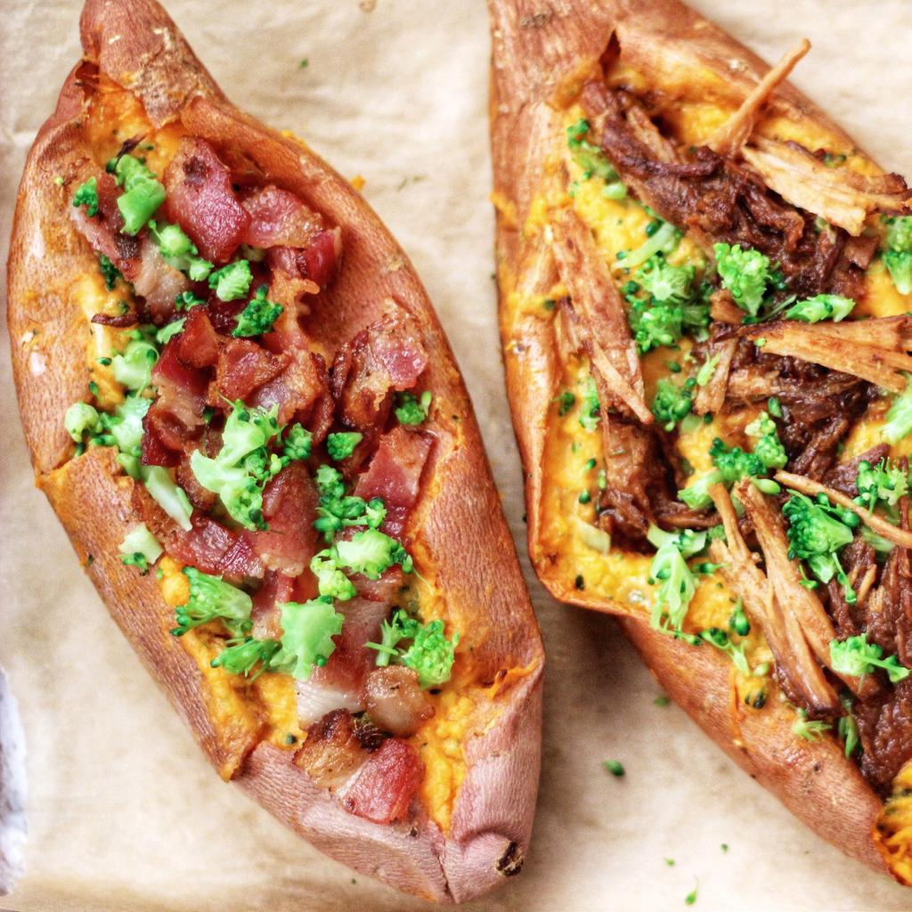 Loaded Sweet Potatoes Active Time: 25m Total Time: 1h 30m 2 cups shredded beef, or shredded pork.