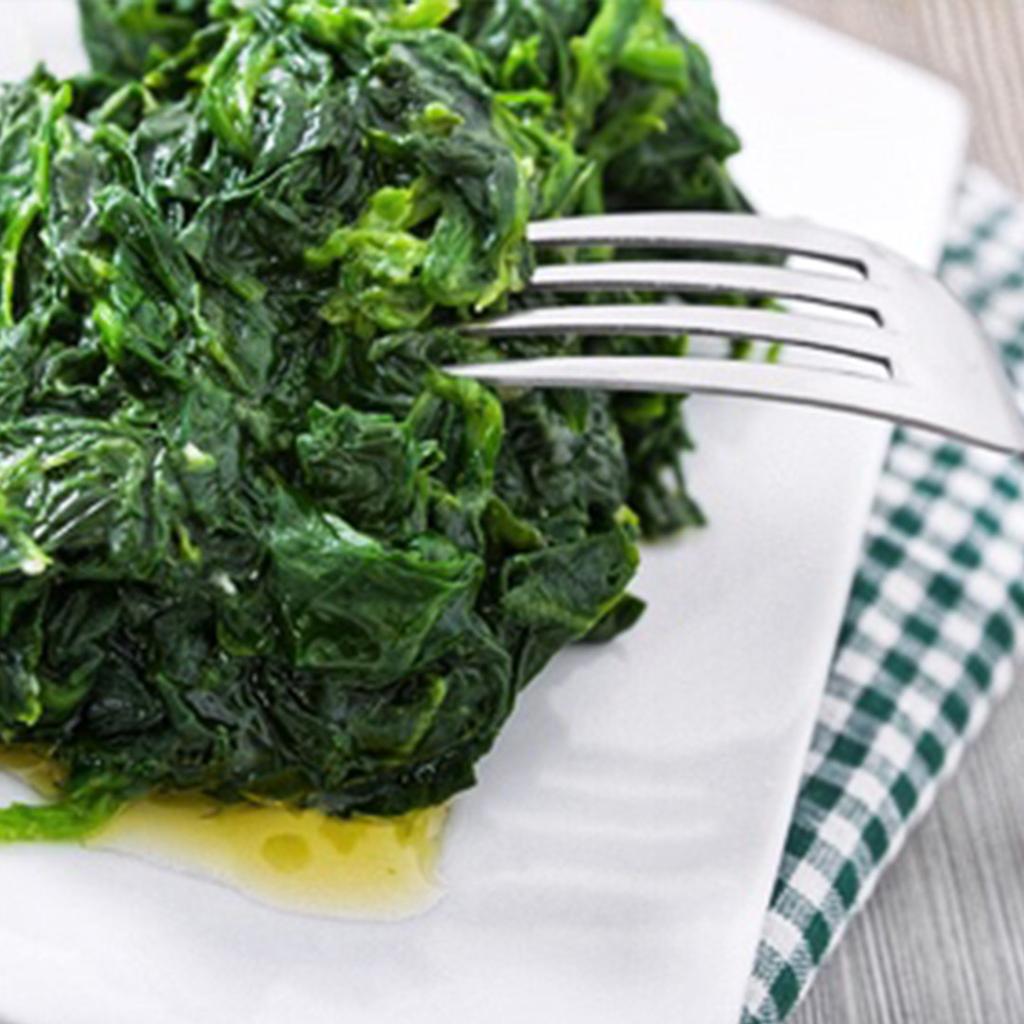Bright Wilted Spinach 2 pounds spinach 4 tablespoons extra virgin olive oil coarse sea salt, to taste 1. Clean and trim spinach. Rinse well. 2. Place rinsed spinach in a large pan over high heat and cook just until it is wilted.