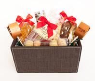 RED ROCK SWEETS BASKET CHOCOLATE PUZZLE, 3 TRUFFLE POPS, PEANUT BRITTLE, ASSORTED BISCOTTI,