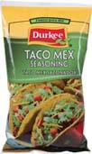 Taco Mex Seasoning 69269 Durkee 9 OZ A gluten-free blend of mild spices and herbs that makes up the perfect, traditional taco flavor. The 9 oz. pouch is specifically designed to combine with 10 lbs.