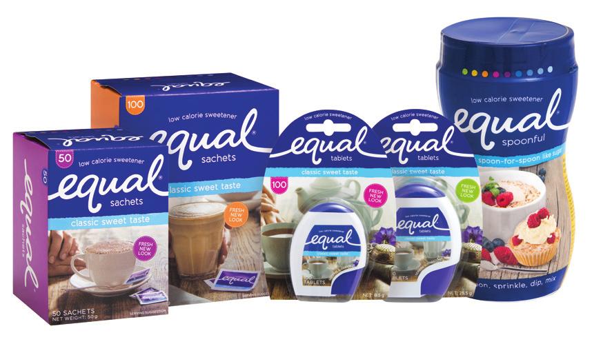 Equal at a Glance 100 Sachets 300 Tablets 113g Spoonful 50 Sachets 100 Tablets NEXT 100 Sachets The Equal family We aim to provide customers with choice and convenience with our range of low