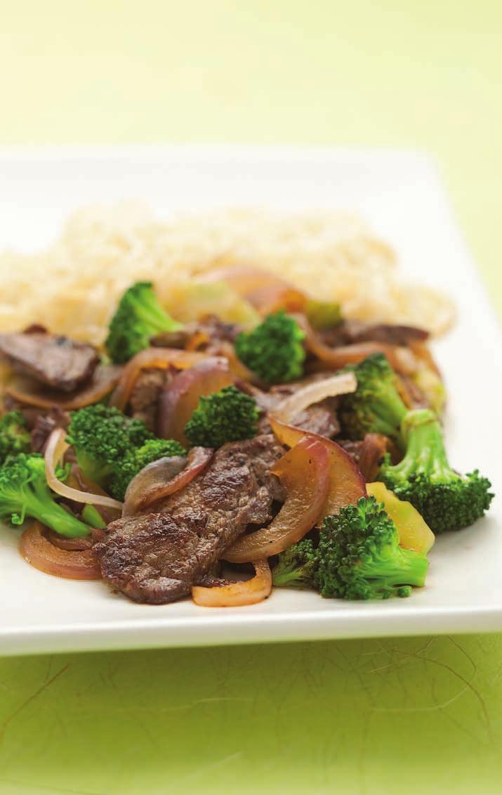 Stir-Fried Chile Beef & Broccoli Makes: 4 servings, about 11/4 cups each Active time: 30 minutes Total: 30 minutes This quick stir-fry features broccoli and flank steak in a flavorful sauce.