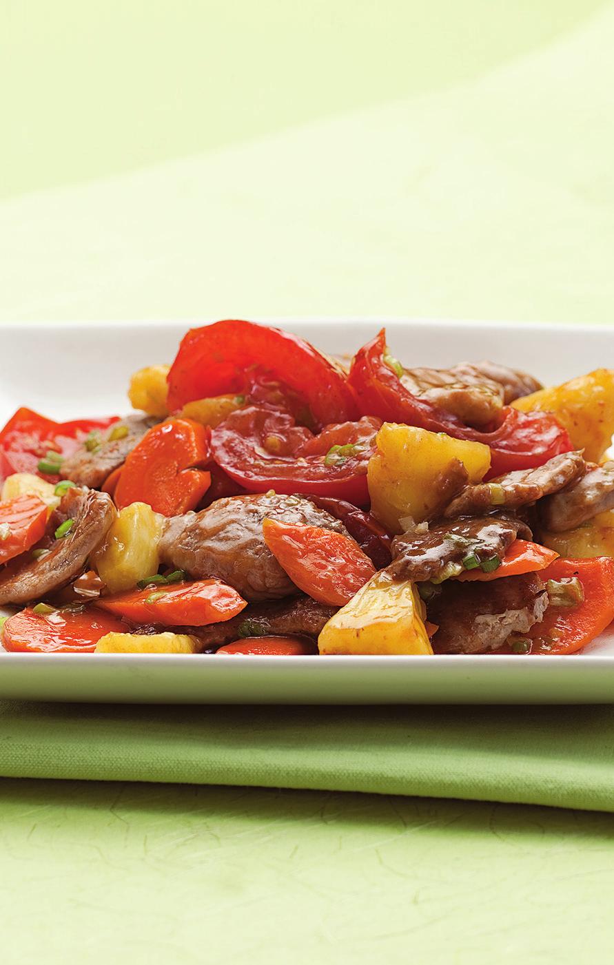 Sweet & Sour Pork Makes: 4 servings, about 11/4 cups each Active time: 45 minutes Total: 45 minutes Pineapple, tomato and pork combine in a sweet-tangy sauce in this easy, brightflavored sweet and