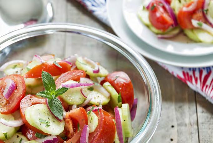 SALADS Greek Cucumber, Tomato, and Red Onion Salad with Red Wine-Oregano Vinaigrette Prep Time: 10 minutes - Cook Time: 5 minutes - Yield: 4 servings 1 4 cup red wine vinegar 3 tablespoons