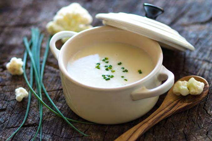 SOUPS Cauliflower Vichyssoise Prep Time: 15 min Cook Time: 25 min Yield: 4 to 6 servings 2 tablespoons ghee 1 clove garlic, minced 2 leeks, cut into thin rounds, use only the white and pale green