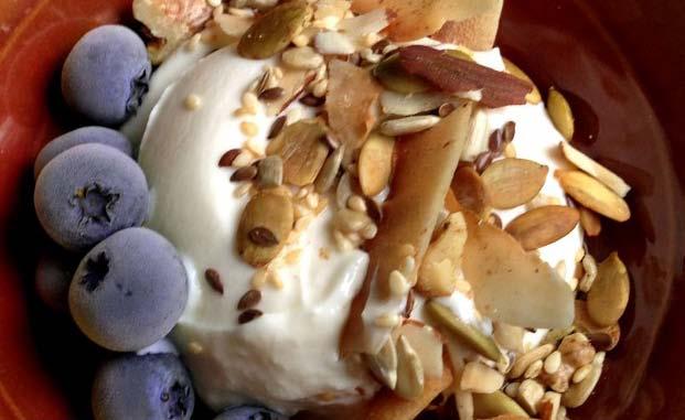 Crunchy Nut & Seed Granola K, V, Vt 1/2 cup pumpkin seeds 1/2 cup organic coconut flakes 1/4 cup sesame seed 1/4 cup sunflower seeds 1/2 cup chopped walnuts 1/2 cup slivered almonds