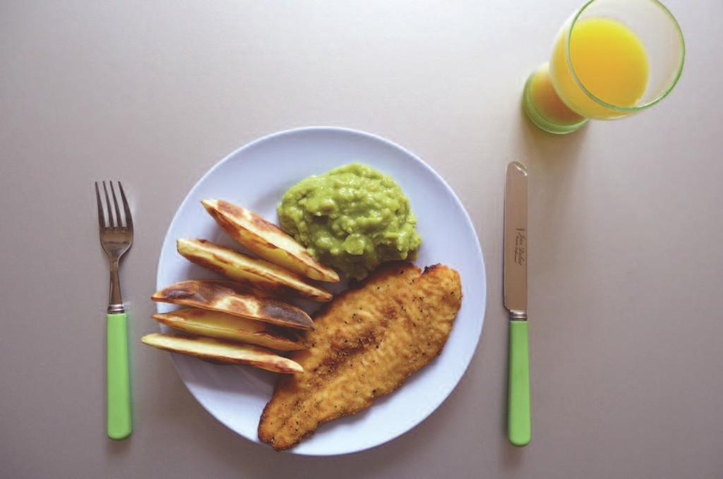 Breaded cod with potato wedges and mushy peas, and orange juice Breaded cod with potato wedges and mushy peas, and orange juice Breaded cod Potato wedges Mushy peas 120g 160g 120g Breaded cod This