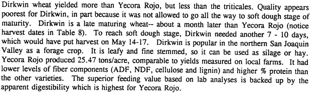normal rainfall year Solum should not need irrigation to reach boot stage T ABLE 8. Wheat, Barley and Triticale: Harvest, UCCE Kings County, 1993.