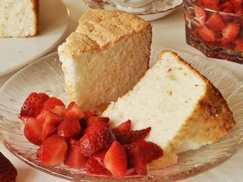 38. ANGEL FOOD CAKE For the batter: 1 cup sifted cake flour 1½ cups superfine sugar, divided 12 large egg whites 1