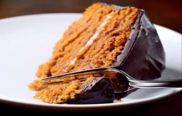44. CHOCOLATE PUMPKIN CAKE For the Cake Batter: 1½ cups all-purpose flour ⅔ cup unsweetened cocoa powder 2 teaspoons baking powder 1 teaspoon