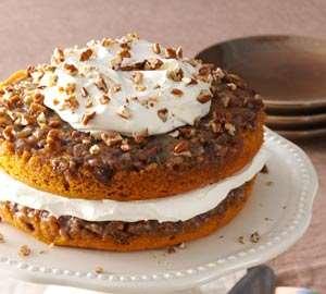 59. PUMPKIN PRALINE TORTE Praline: ¾ cup firmly packed light brown sugar ⅓ cup unsalted butter 3 tablespoons