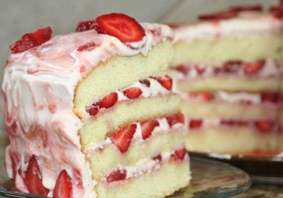 20. FRESH STRAWBERRY CAKE For the Cake Batter: 3 cups sifted cake flour 2 teaspoons baking powder 1 teaspoon baking soda ¼ teaspoon salt ½ cup