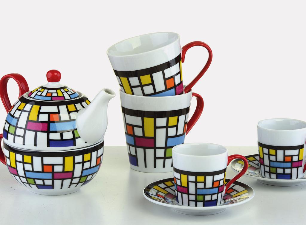 BIA Mosaic Mosaic is a small and vivid tea range. Each piece is artistically decorated with a bold, black web separating a series of liberally, coloured cells.