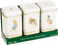 Beatrix Potter Range character illustrations are now available on authentic tea caddies. Three classic tea blends are available in individual tins of 20 teabags.
