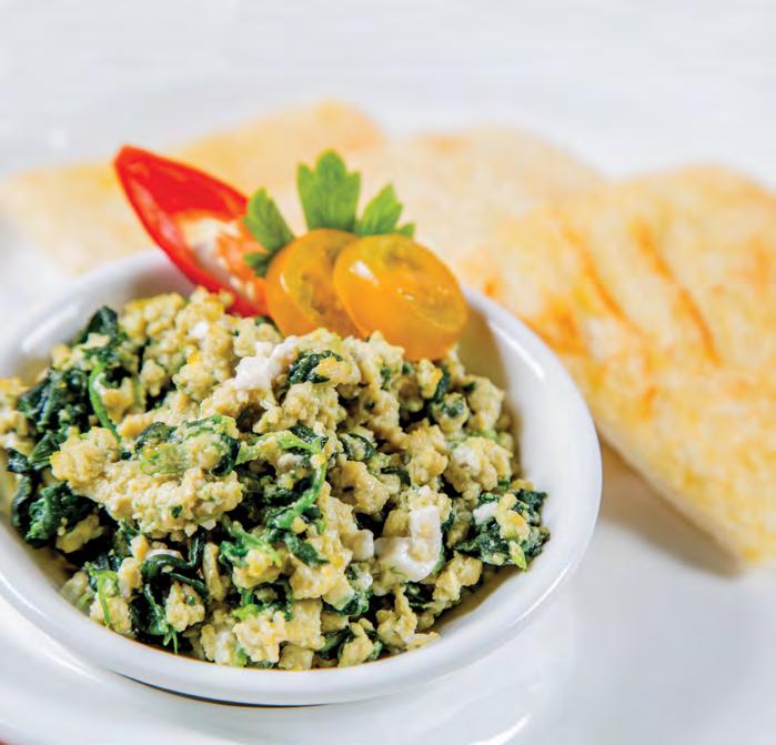 Spicy Tofu & Spinach Scrambled Eggs Ingredients Firm tofu (drained)... 200 g Spinach leaves (loosely chopped)...2 cups Canola oil... 1 Tbsp Cumin powder... ½ tsp Chili powder... ¼ tsp Garlic (minced).